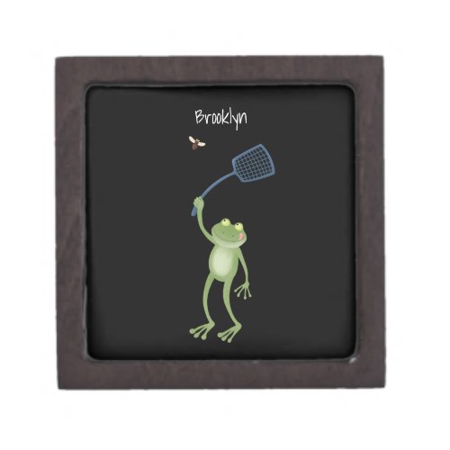 Funny green frog swatting fly cartoon  gift box