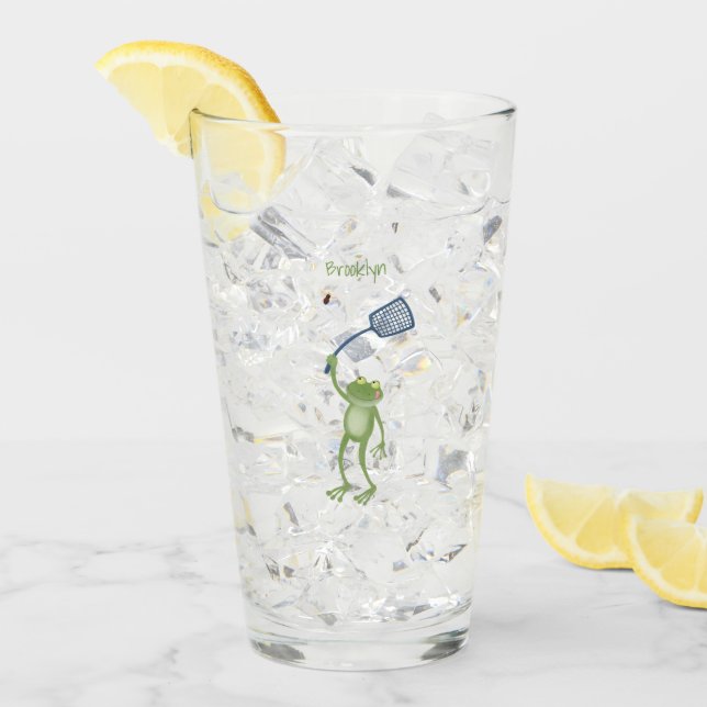 Funny green frog swatting fly cartoon glass (Front Ice)