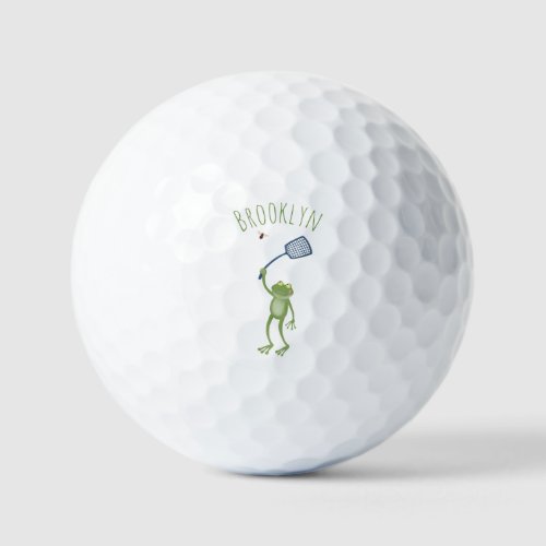 Funny green frog swatting fly cartoon golf balls