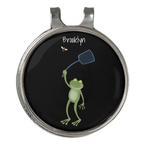 Funny green frog swatting fly cartoon  golf hat clip
