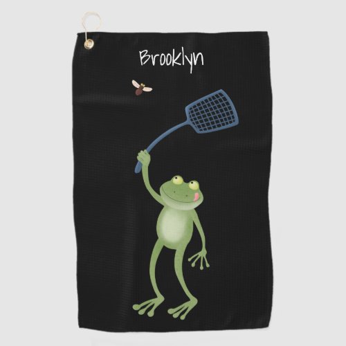 Funny green frog swatting fly cartoon  golf towel