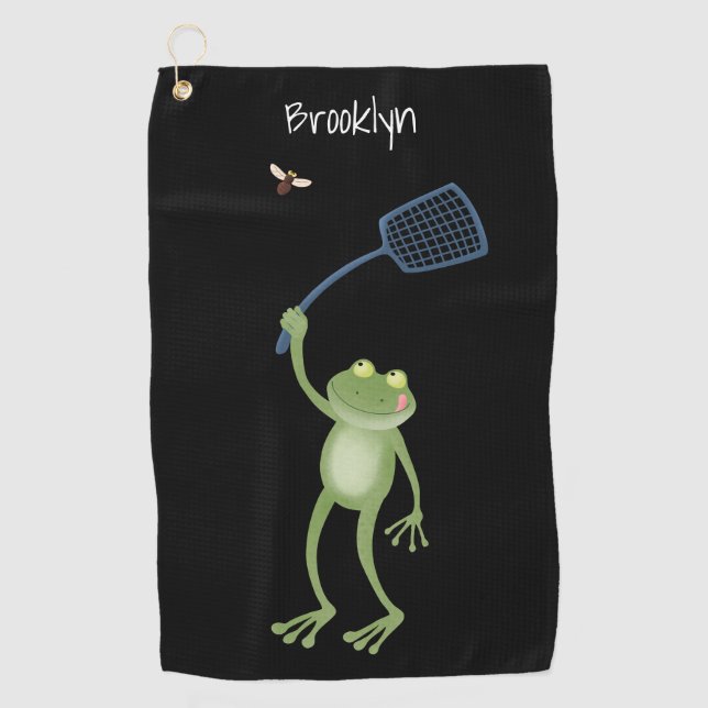 Funny green frog swatting fly cartoon  golf towel (Front)