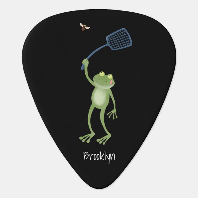 Funny green frog swatting fly cartoon guitar pick (Front)