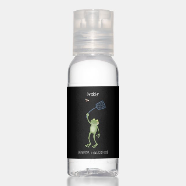 Funny green frog swatting fly cartoon hand sanitizer (Front)