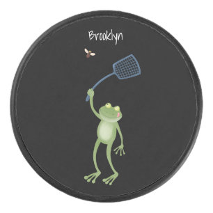 Funny green frog swatting fly cartoon hockey puck