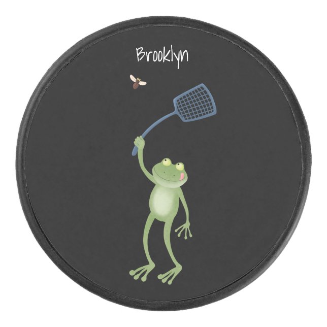 Funny green frog swatting fly cartoon  hockey puck (Front)