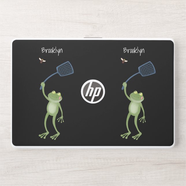 Funny green frog swatting fly cartoon HP laptop skin (Front)