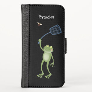 Funny green frog swatting fly cartoon  iPhone x wallet case