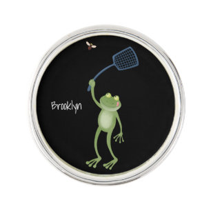 Funny green frog swatting fly cartoon lapel pin