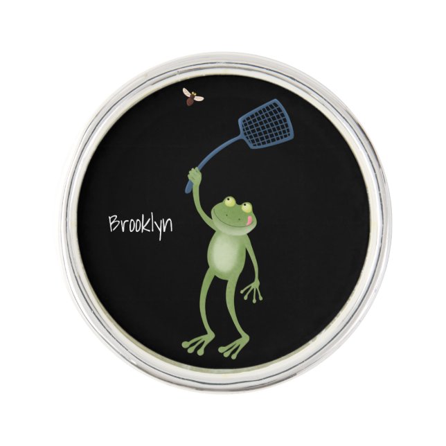 Funny green frog swatting fly cartoon lapel pin (Front)