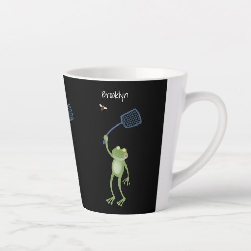 Funny green frog swatting fly cartoon  latte mug