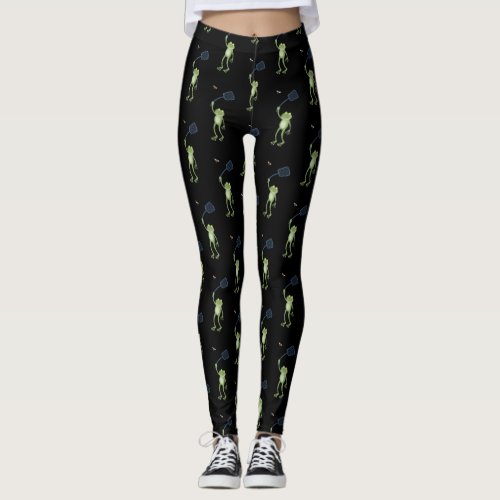 Funny green frog swatting fly cartoon leggings