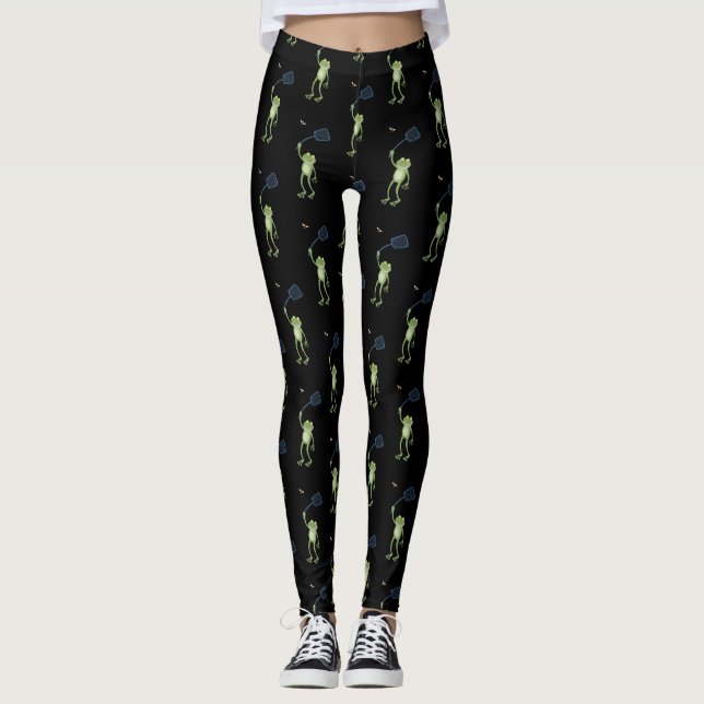 Funny green frog swatting fly cartoon leggings (Front)