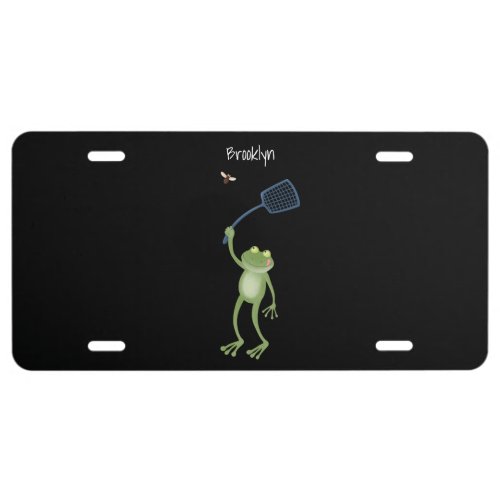 Funny green frog swatting fly cartoon  license plate