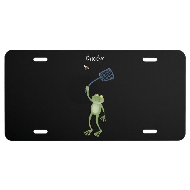 Funny green frog swatting fly cartoon  license plate (Front)