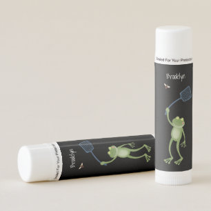 Funny green frog swatting fly cartoon lip balm
