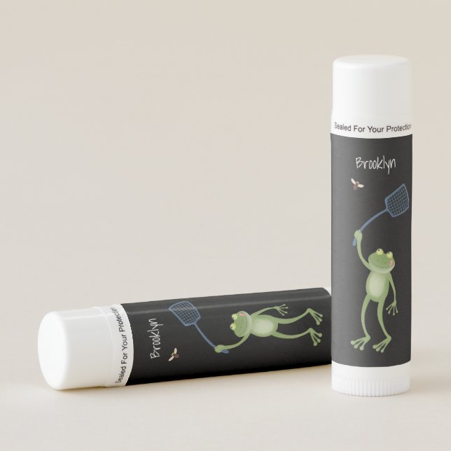 Funny green frog swatting fly cartoon  lip balm (Front)