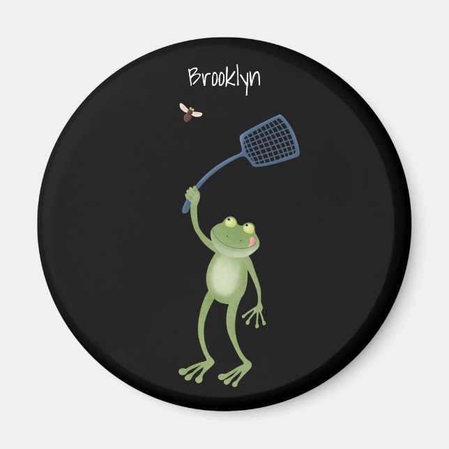 Funny green frog swatting fly cartoon magnet (Front)