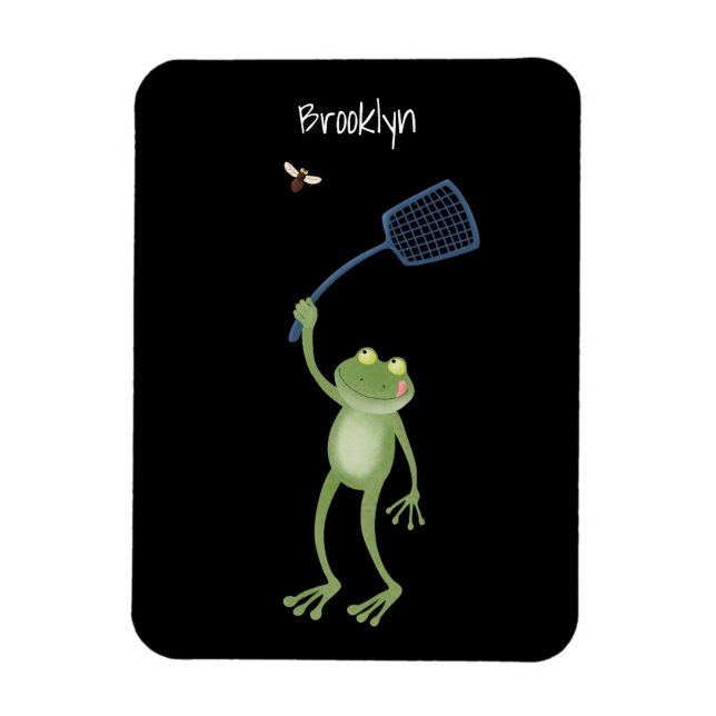Funny green frog swatting fly cartoon magnet (Vertical)