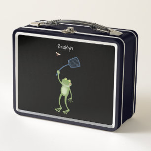 Funny green frog swatting fly cartoon metal lunch box