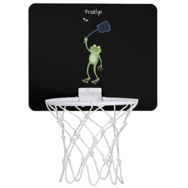 Funny green frog swatting fly cartoon  mini basketball hoop (Front)