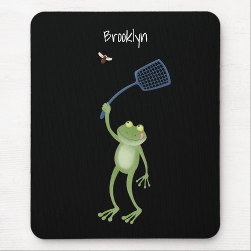 Funny green frog swatting fly cartoon  mouse pad