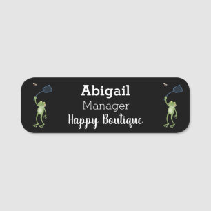 Funny green frog swatting fly cartoon name tag