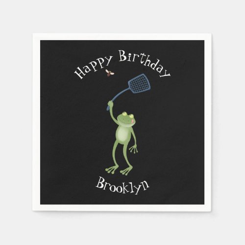 Funny green frog swatting fly cartoon  napkins