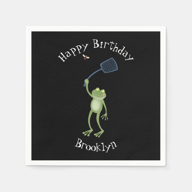 Funny green frog swatting fly cartoon  napkins (Front)