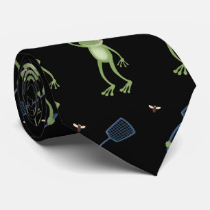 Funny green frog swatting fly cartoon neck tie