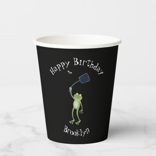 Funny green frog swatting fly cartoon  paper cups