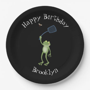 Funny green frog swatting fly cartoon paper plates