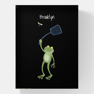 Funny green frog swatting fly cartoon paperweight