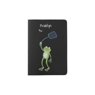 Funny green frog swatting fly cartoon passport holder