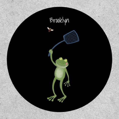 Funny green frog swatting fly cartoon  patch