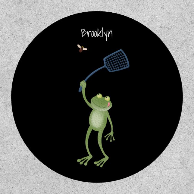 Funny green frog swatting fly cartoon  patch (Front)