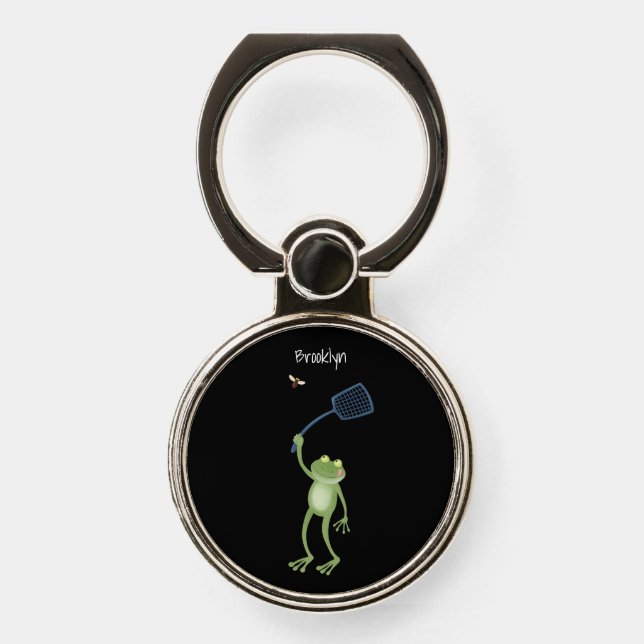 Funny green frog swatting fly cartoon  phone ring stand (Front)