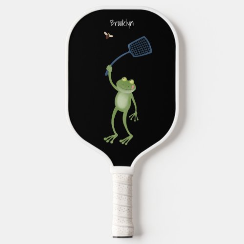 Funny green frog swatting fly cartoon pickleball paddle