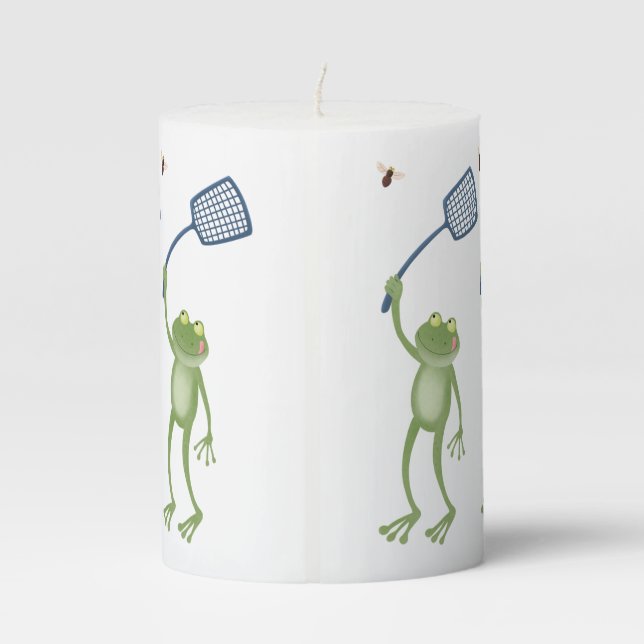 Funny green frog swatting fly cartoon pillar candle (Back)