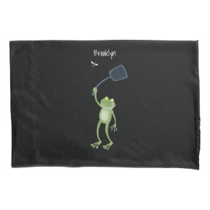 Funny green frog swatting fly cartoon  pillow case