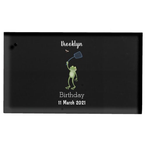 Funny green frog swatting fly cartoon  place card holder