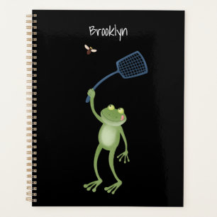 Funny green frog swatting fly cartoon planner