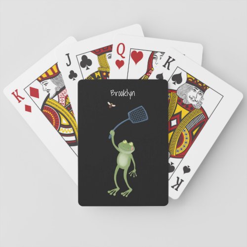 Funny green frog swatting fly cartoon  playing cards