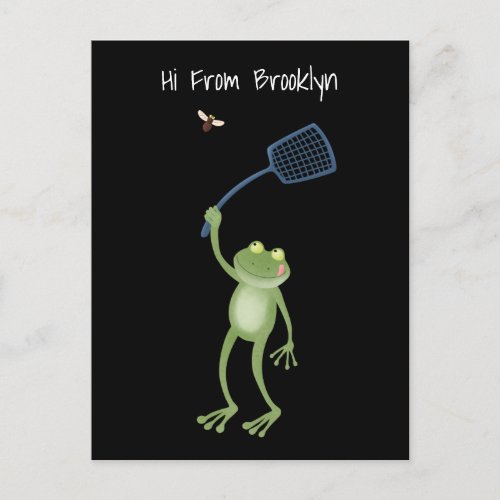 Funny green frog swatting fly cartoon postcard