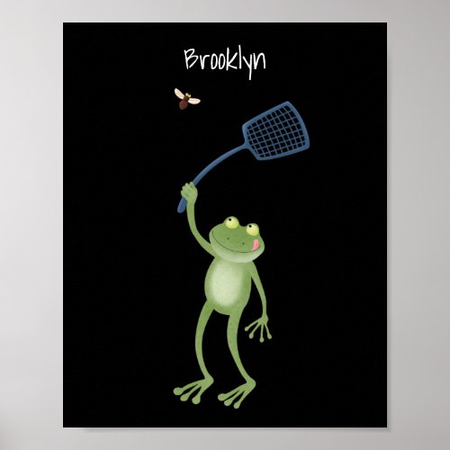 Funny green frog swatting fly cartoon poster