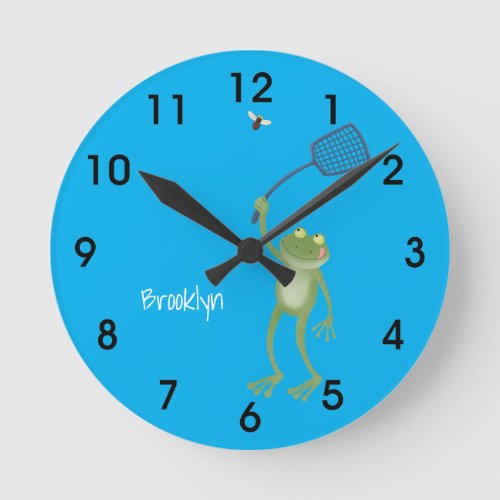 Funny green frog swatting fly cartoon  round clock