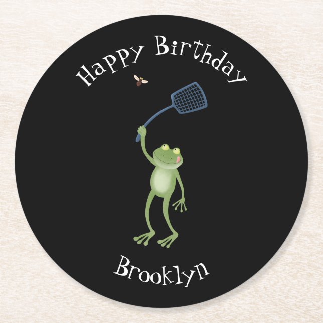 Funny green frog swatting fly cartoon round paper coaster (Front)