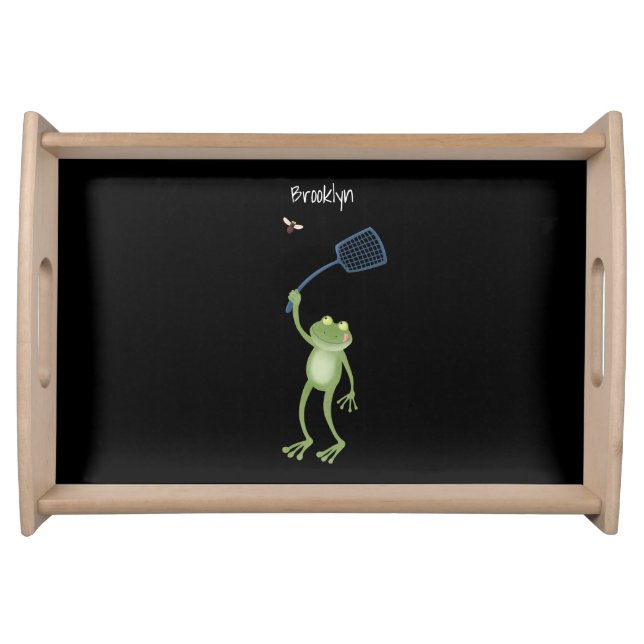 Funny green frog swatting fly cartoon  serving tray (Front)