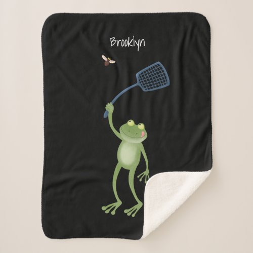 Funny green frog swatting fly cartoon  sherpa blanket