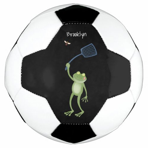 Funny green frog swatting fly cartoon soccer ball